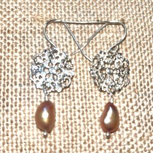 Stamped 925 Sterling Silver Pierced Earrings Dusty Rose Baroque Pearl Drops